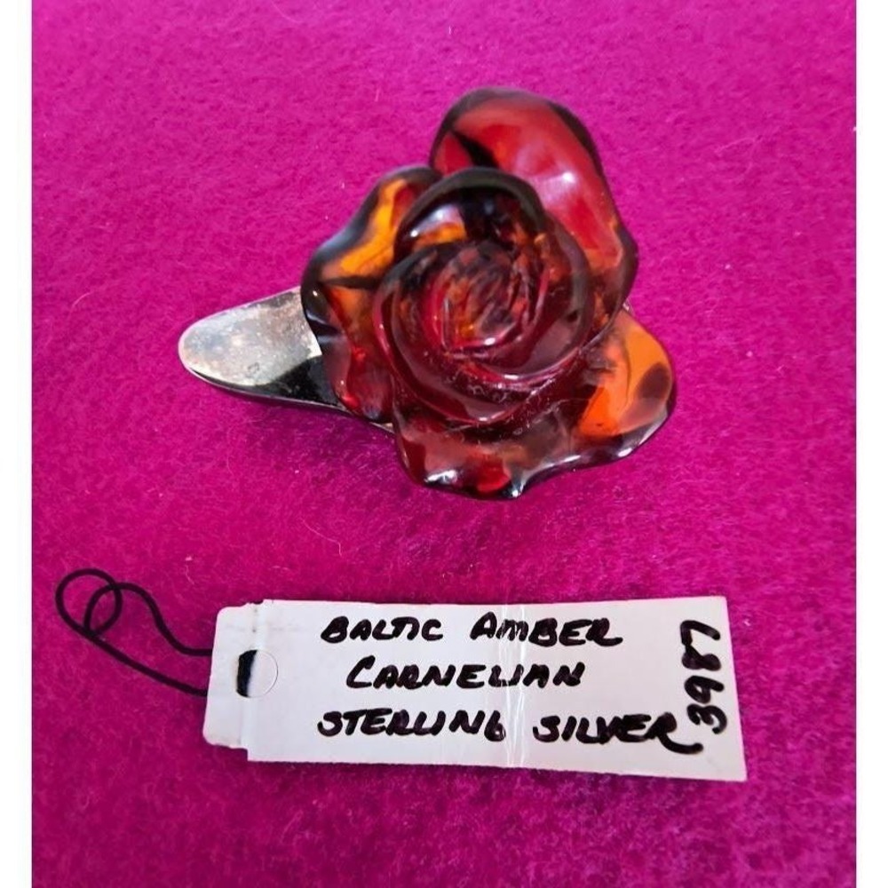 Amy Kahn Russell Vintage Carved Baltic Amber Rose Pin/Pendant Sterling Silver - Picture 2 of 7